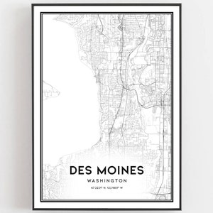 Des Moines Map Print, Des Moines Map Poster Wall Art, Wa City Map, Washington Print Street Map Decor, Road Map Gift, B1864