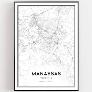 Manassas Karte Druck, Manassas Karte Poster Wandkunst, Va Stadt Karte, Virginia Print Straßen karte Dekor, Straßen karte Geschenk, B1566
