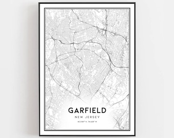 Garfield Map Print, Garfield Map Poster Wall Art, Nj  City Map, New Jersey Print Street Map Decor, Road Map Gift