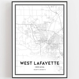 West Lafayette Karte Druck, West Lafayette Karte Poster Wandkunst, In City Map, Indiana Print Straßen karte Dekor, Road Map Geschenk, B1475
