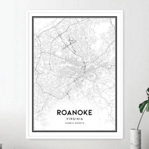 Roanoke Map Print, Roanoke Map Poster Wall Art, Va City Map, Virginia Print Street Map Decor ...