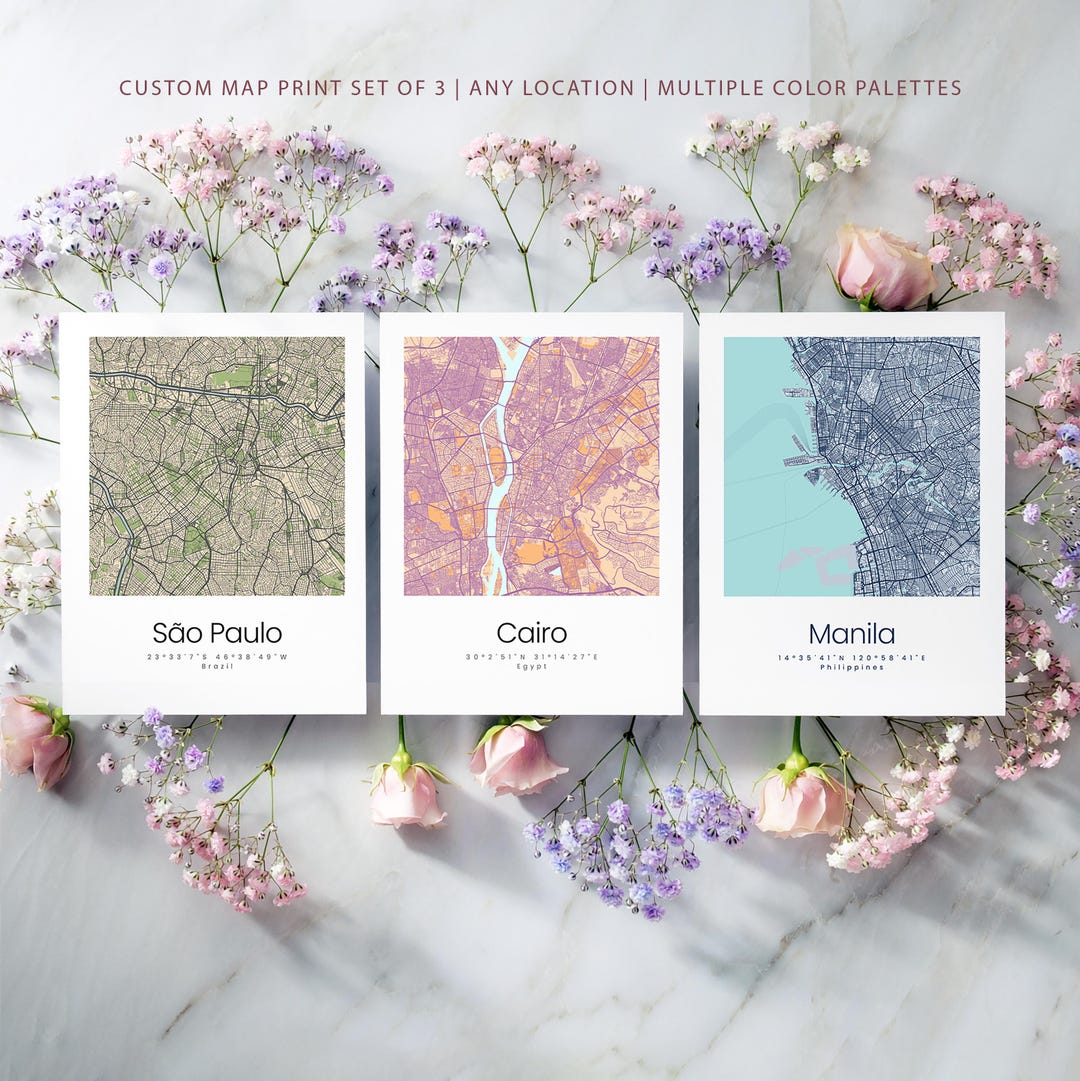 Set of 3 Custom Maps, City Map Prints for Any Location, Personalized ...