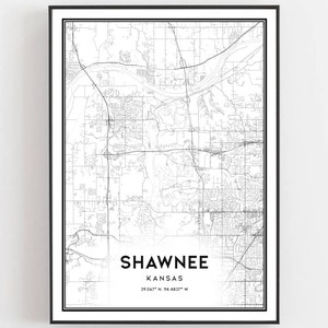 Shawnee Kaart Print, Shawnee Kaart Poster Wall Art, Ks Stadsplattegrond, Kansas Print Stratenplan Decor, Routekaart Cadeau, B1172