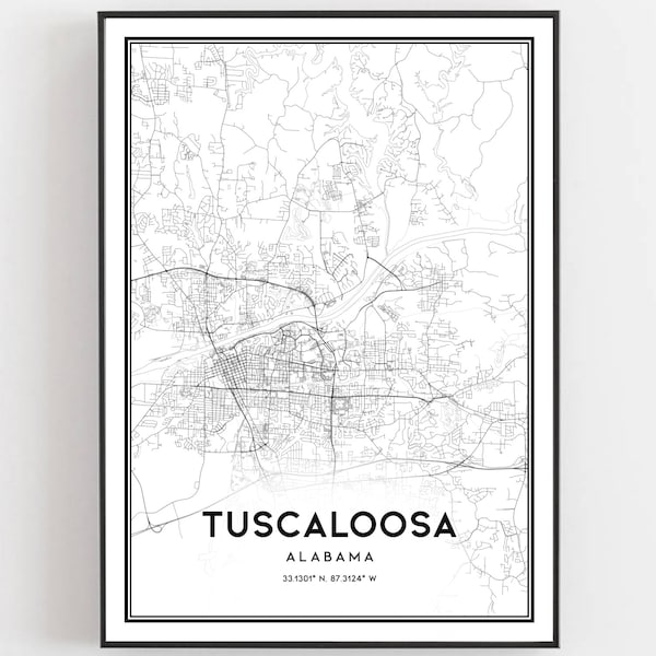 Tuscaloosa Karte, Poster Wandkunst, Tuscaloosa Karte, Al City Karte, Alabama Druck Straßenkarte Dekor, Straßenkarte Geschenk, B692