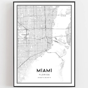 Miami Kaart Afdrukken, Miami Kaart Poster Wall Art, Fl Stadsplattegrond, Florida Print Stratenplan Decor, Wegenkaart Cadeau, B39