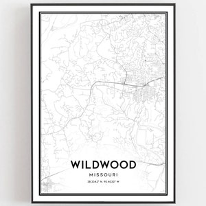 Puede incluir: Un mapa en blanco y negro de Wildwood, Missouri. El mapa muestra las calles y carreteras de la ciudad. El texto "Wildwood, Missouri 38.5342&deg; N 90.4030&deg; W" est&aacute; impreso debajo del mapa.