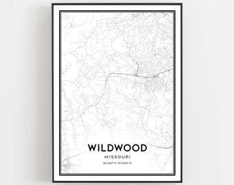 Wildwood Map Print, Wildwood Map Poster Wall Art, Mo  City Map, Missouri Print Street Map Decor, Road Map Gift, B1719