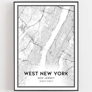 West New York Kaart Afdrukken, West New York Kaart Poster Wall Art, Nj Stadsplattegrond, New Jersey Print Stratenplan Decor, Wegenkaart Cadeau, B1339