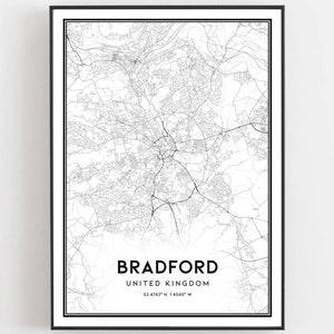 Bradford Kaart Afdrukken, Bradford Kaart Poster Wall Art, Bradford Stadsplattegrond, Bradford Print Stratenplan Decor, Wegenkaart Cadeau, B384