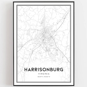 Harrisonburg Kaart Afdrukken, Harrisonburg Kaart Poster Wall Art, Va Stadsplattegrond, Virginia Print Stratenplan Decor, Wegenkaart Cadeau, B1086