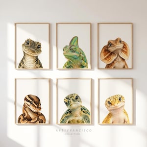 Può includere: Un set di sei stampe artistiche incorniciate con illustrazioni dettagliate di una lucertola, un camaleonte verde, un clamidosauro, un serpente marrone a motivi, una tartaruga marina e un geco giallo maculato, in cornici di legno chiaro.
