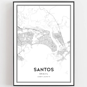 Santos Karte Druck, Santos Karte Poster Wandkunst, Santos Stadt karte, Santos Print Straßenkarte Dekor, Straßen karte Geschenk, B173