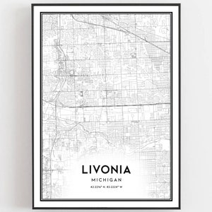 Livonia Karte Druck, Livonia Karte Poster Wandkunst, Mi Stadt karte, Michigan Print Straßenkarte Dekor, Straßen karte Geschenk