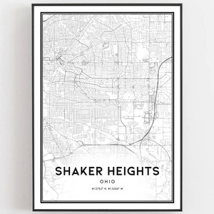 Shaker Heights Kaart Afdrukken, Shaker Heights Kaart Poster Wall Art, Oh Stadsplattegrond, Ohio Print Stratenplan Decor, Wegenkaart Cadeau, B2008