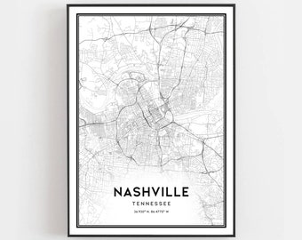 Nashville Map Print, Nashville Map Poster Wall Art, Tn  City Map, Tennessee Print Street Map Decor, Road Map Gift, B252