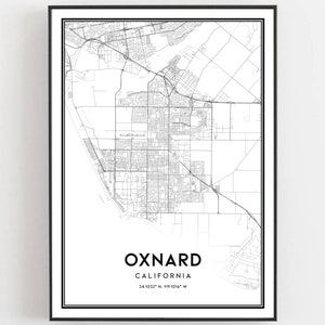 May include: Black and white line art map of Oxnard, California. The map shows the city streets and includes the coordinates 34.1032° N, 119.1014° W.