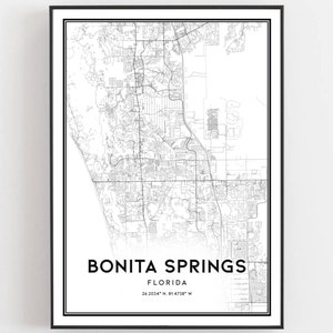Bonita Springs Kaart Print, Bonita Springs Kaart Poster Wall Art, Fl Stadskaart, Florida Print Stratenplan Decor, Routekaart Cadeau, B452