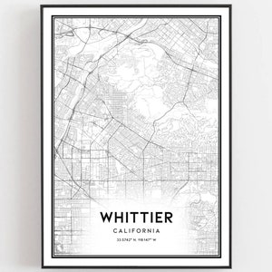 May include: Black and white map print of Whittier, California. The map shows the city streets and includes the coordinates 33.9742&deg; N, 118.1437&deg; W.