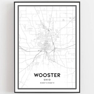 Wooster Kaart Afdrukken, Wooster Kaart Poster Wall Art, Oh Stadskaart, Ohio Print Stratenkaart Decor, Wegenkaart Cadeau