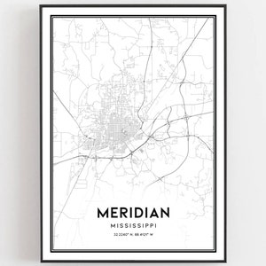 Meridiaan Kaart Afdrukken, Meridiaan Kaart Poster Wall Art, Ms Stadsplattegrond, Mississippi Print Stratenplan Decor, Wegenkaart Cadeau, B1623