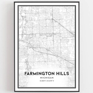 Farmington Hills Map Print, Farmington Hills Map Poster Wall Art, Mi  City Map, Michigan Print Street Map Decor, Road Map Gift, B998