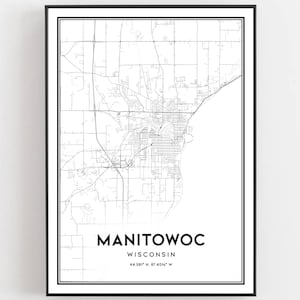 Manitowoc Kaart Afdrukken, Manitowoc Kaart Poster Wall Art, Wi Stadsplattegrond, Wisconsin Print Stratenplan Decor, Routekaart Cadeau, B1486