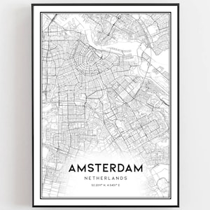 Amsterdam Kaart Afdrukken, Amsterdam Kaart Poster Wall Art, Amsterdam Stadsplattegrond, Amsterdam Print Stratenplan Decor, Wegenkaart Cadeau, B261