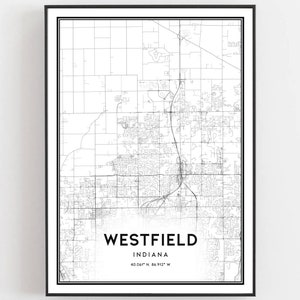 Westfield Kaart Afdrukken, Westfield Kaart Poster Wall Art, In Stadskaart, Indiana Print Stratenplan Decor, Wegenkaart Cadeau, B1680