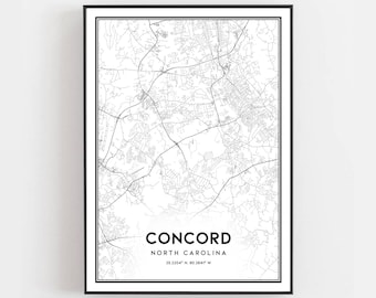Concord Karte Print, Concord Karte Poster Wand Kunst, Nc Stadt Karte, North Carolina Druck Straßenkarte Dekor, Straßenkarte Geschenk, B562