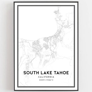 South Lake Tahoe Kaart Afdrukken, South Lake Tahoe Kaart Poster Wall Art, Ca Stadsplattegrond, Californië Print Stratenplan Decor, Wegenkaart Cadeau, B1928