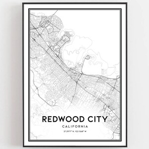 Redwood Stadt karte Druck, Redwood Stadt karte Poster Wandkunst, Ca Stadt Karte, Kalifornien Print Straßen karte Dekor, Straßen karte Geschenk, B970