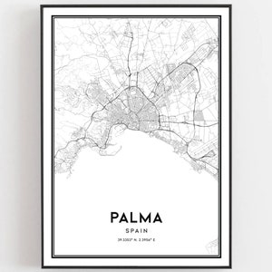 Palma Kaart Afdrukken, Palma Kaart Poster Wall Art, Palma Stadsplattegrond, Palma Print Stratenplan Decor, Wegenkaart Cadeau