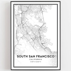 South San Francisco Karte Druck, Süd San Francisco Karte Poster Wandkunst, Ca Stadt karte, Kalifornien Print Straßenkarte Dekor, Straßenkarte B1148