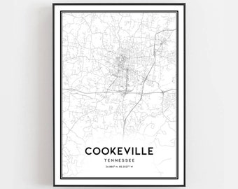 Cookeville Map Print, Cookeville Map Poster Wall Art, Tn  City Map, Tennessee Print Street Map Decor, Road Map Gift, B1450