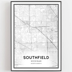 Southfield Map Print, Southfield Map Poster Wall Art, Mi  City Map, Michigan Print Street Map Decor, Road Map Gift, B1079