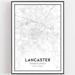 Lancaster Karte Druck, Lancaster Karte Poster Wandkunst, Pa Stadt Karte, Pennsylvania Print Straßen karte Dekor, Straßen karte Geschenk, B432