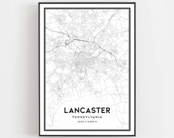 Lancaster Map Print, Lancaster Map Poster Wall Art, Pa  City Map, Pennsylvania Print Street Map Decor, Road Map Gift, B432