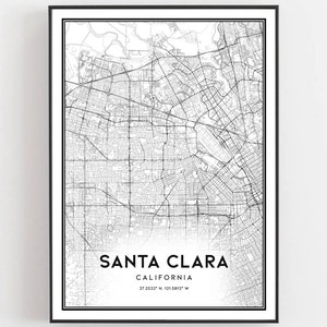 May include: Black and white map print of Santa Clara, California. The map shows the city streets and includes the coordinates 37.2033° N, 121.9837° W.