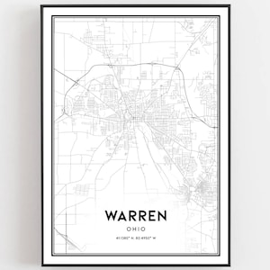 Warren Kaart Afdrukken, Warren Kaart Poster Wall Art, Oh Stadskaart, Ohio Print Stratenplan Decor, Wegenkaart Cadeau, B1613