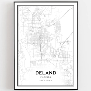 Deland Kaart Afdrukken, Deland Kaart Poster Wall Art, Fl Stadsplattegrond, Florida Print Stratenplan Decor, Wegenkaart Cadeau, B1851