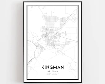May include: Black and white map print of Kingman, Arizona. The map shows the city streets and surrounding area. The text "Kingman, Arizona 35.1527° N 114.154° W" is printed below the map.