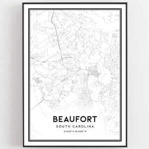 Beaufort Karte Druck, Beaufort Karte Poster Wandkunst, Sc Stadt karte, South Carolina Print Straßenkarte Dekor, Straßen karte Geschenk, B1344