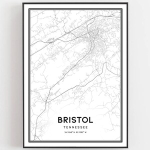 Bristol Karte Druck, Bristol Karte Poster Wandkunst, Tn Stadt karte, Tennessee Print Straßenkarte Dekor, Straßen karte Geschenk, B1105