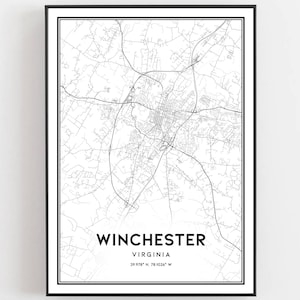 Winchester Kaart Afdrukken, Winchester Kaart Poster Wall Art, Va Stadsplattegrond, Virginia Print Stratenplan Decor, Wegenkaart Cadeau, B1081