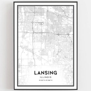 Lansing Map Print, Lansing Map Poster Wall Art, Il City Map, Illinois Print Street Map Decor, Road Map Gift, B1985