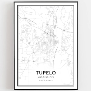 Tupelo Karte Druck, Tupelo Karte Poster Wandkunst, Ms Stadt karte, Mississippi Print Straßenkarte Dekor, Straßen karte Geschenk, B1473