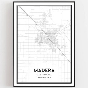 May include: Black and white map print of Madera, California. The map shows the city streets and surrounding area. The text "Madera, California" and the coordinates "36.6455° N, 120.474° W" are printed below the map.