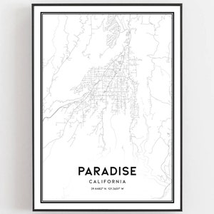 Paradies Karte Druck, Paradies Karte Poster Wandkunst, Ca Stadt Karte, Kalifornien Print Straßenkarte Dekor, Straßen karte Geschenk, B1734