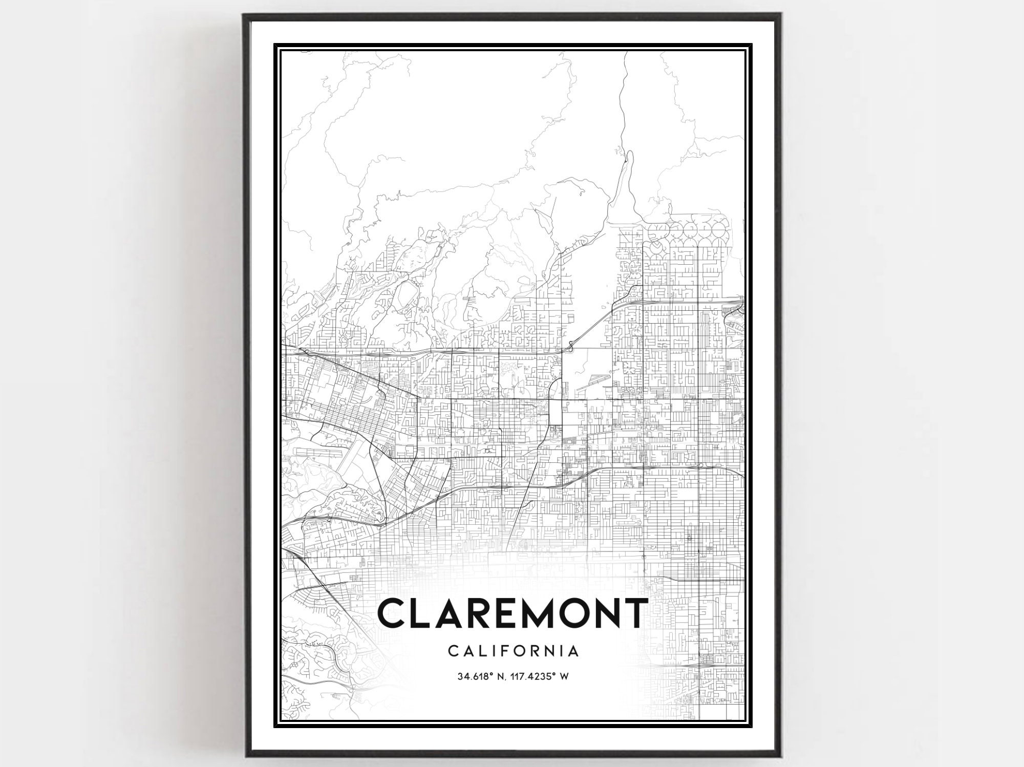 Claremont Map Print Claremont Map Poster Wall Art Ca City  Etsy
