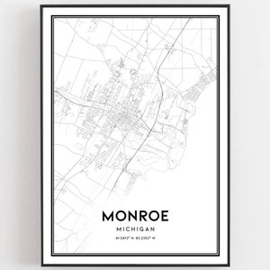 Monroe Karte Druck, Monroe Karte Poster Wandkunst, Mi Stadt Karte, Michigan Print Straßenkarte Dekor, Straßen karte Geschenk, B1400